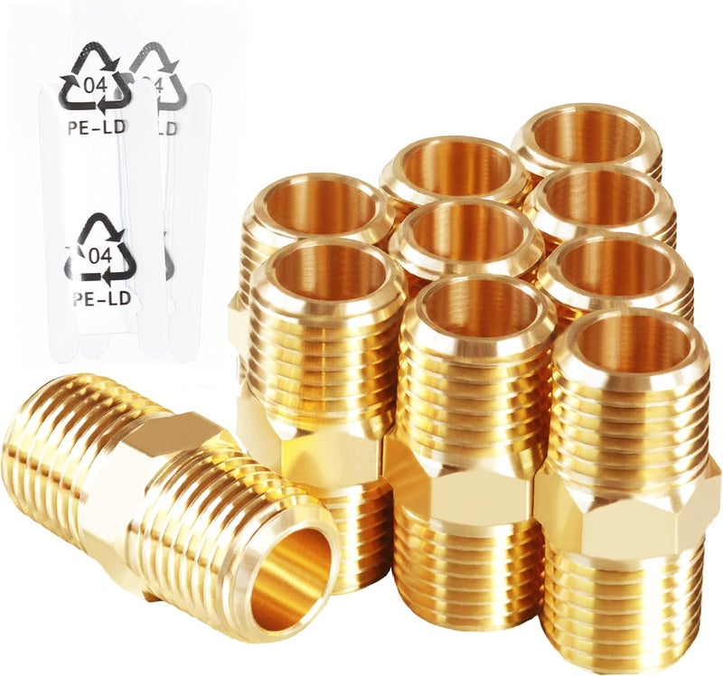 MSAEIQUN 10PCS 1/4 Inch Male Pipe x 1/4 Inch Male Pipe Solid Brass Threaded Straight Pipe Equal Diameter Pipe Hex Nipple Fittings Extension Connector Adapter Coupling for Pipe Line/Oil/Gas - Image 1